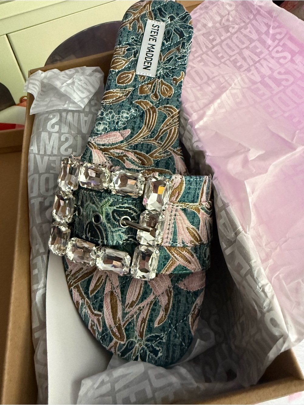 Steve Madden Teal & Pink Embroidered Slide with Crystal Buckle
